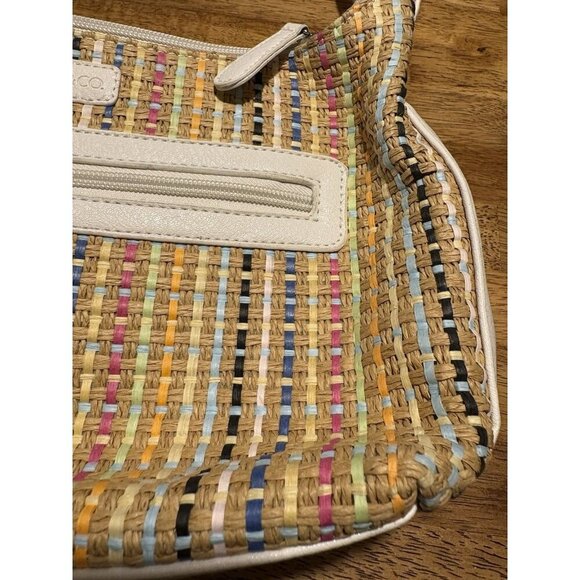 STONE & CO. Shoulder Bag White Faux Leather Multicolor Woven Straw Purse Boho - Picture 9 of 16